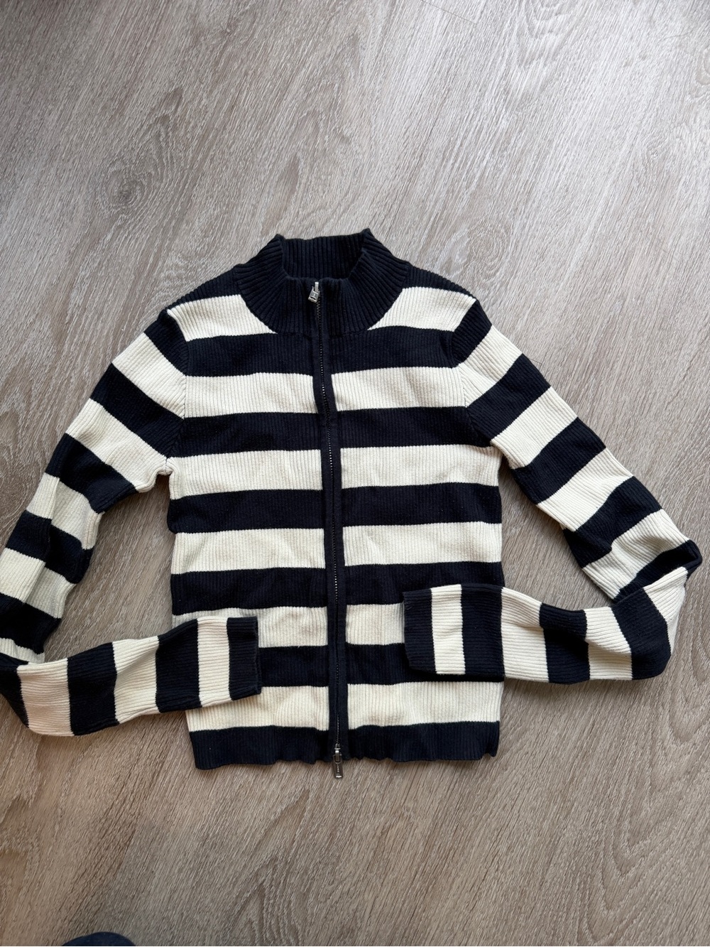 Brandy Melville Navy and Cream Striped Zip-Up Sweater